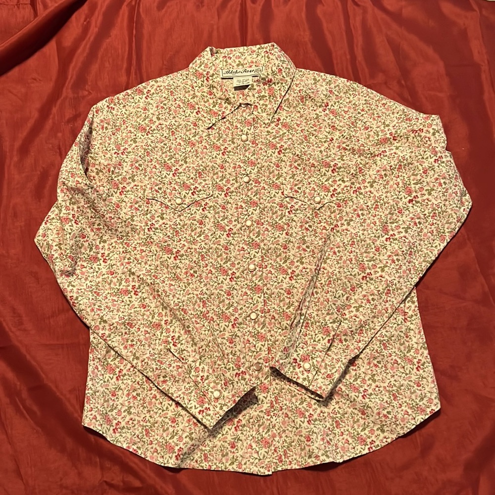 Ladies western Adobe Rose Long Sleeve Button up blouse size M pink floral print
